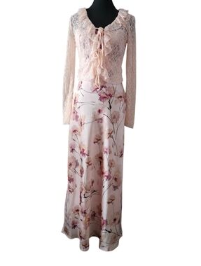 Romantic Blush Lace Top with Floral Satin Maxi Skirt